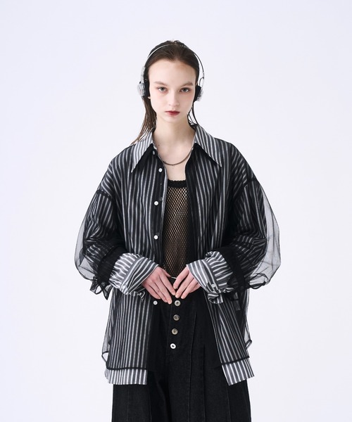 seyto サイズ3 / ラメストライプレイヤードテイラージャケット Tulle layered striped shirt / チュールレイヤードストライプ