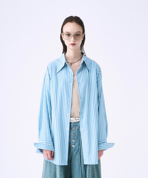 seyto サイズ1 / チュールレイヤードストライプシャツ Tulle layered striped shirt / チュールレイヤードストライプ