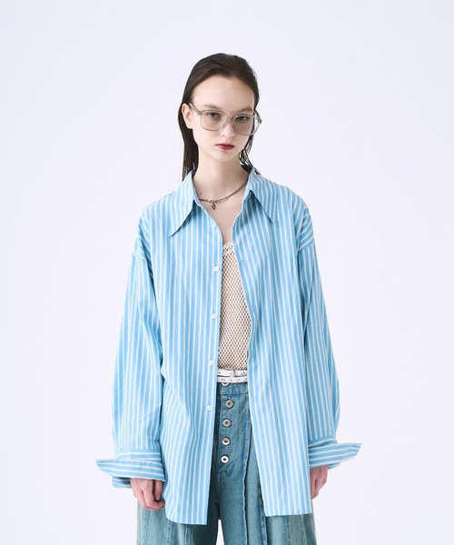 seyto セイト チュール レイヤード ストライプ シャツ L ブルー 3 Tulle layered striped shirt / チュールレイヤードストライプ