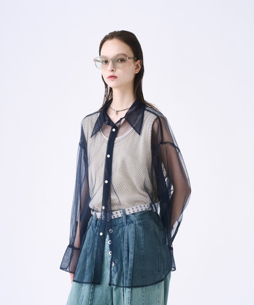 Tulle layered striped shirt / チュールレイヤードストライプシャツ