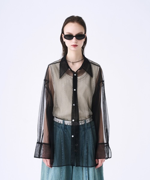 seyto サイズ2 / チュールレイヤードストライプシャツ seyto（セイト）の「Tulle layered striped shirt / チュール