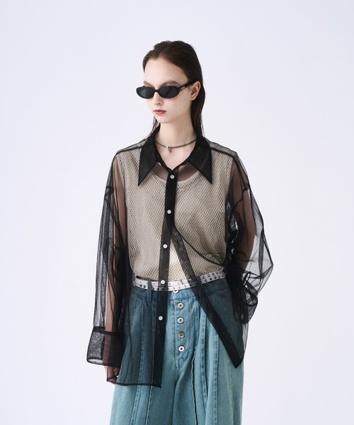 Tulle layered striped shirt / チュールレイヤードストライプ