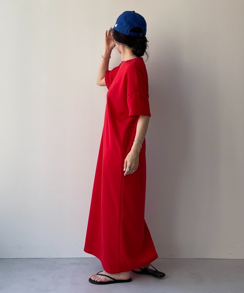 S970Nレディース半袖ワンピース赤S春夏刺繍日本製Vivienne 9/5 HANSODE sweatee one piece / 半袖スウェッティーワンピース(スッキリ