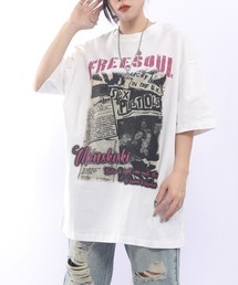 綿100　ヴィンテージ風ロックプリントオーバーサイズTシャツ