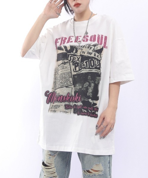 GEMEDA(ジェメダ)の「綿100 ヴィンテージ風ロックプリントオーバーサイズTシャツ(Tシャツ/カットソー・レディース・ブラック/ホワイト・M)」の1枚目の写真