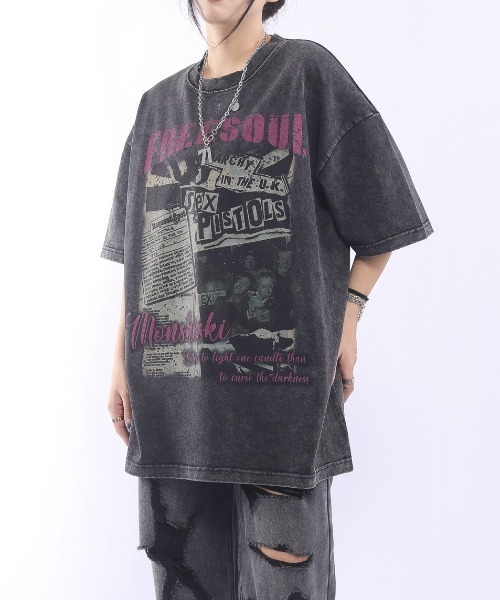 GEMEDA(ジェメダ)の「綿100 ヴィンテージ風ロックプリントオーバーサイズTシャツ(Tシャツ/カットソー・レディース・ブラック/ホワイト・M)」の3枚目の写真