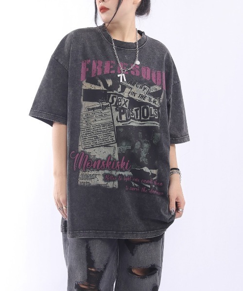 GEMEDA(ジェメダ)の「綿100 ヴィンテージ風ロックプリントオーバーサイズTシャツ(Tシャツ/カットソー・レディース・ブラック/ホワイト・M)」の4枚目の写真