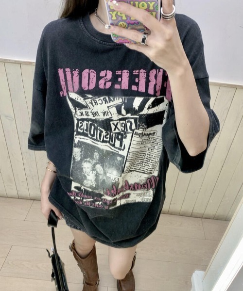 GEMEDA(ジェメダ)の「綿100 ヴィンテージ風ロックプリントオーバーサイズTシャツ(Tシャツ/カットソー・レディース・ブラック/ホワイト・M)」の9枚目の写真