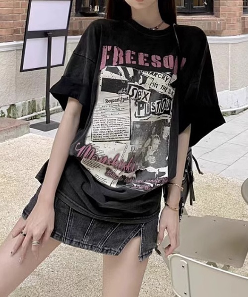 GEMEDA(ジェメダ)の「綿100 ヴィンテージ風ロックプリントオーバーサイズTシャツ(Tシャツ/カットソー・レディース・ブラック/ホワイト・M)」の14枚目の写真