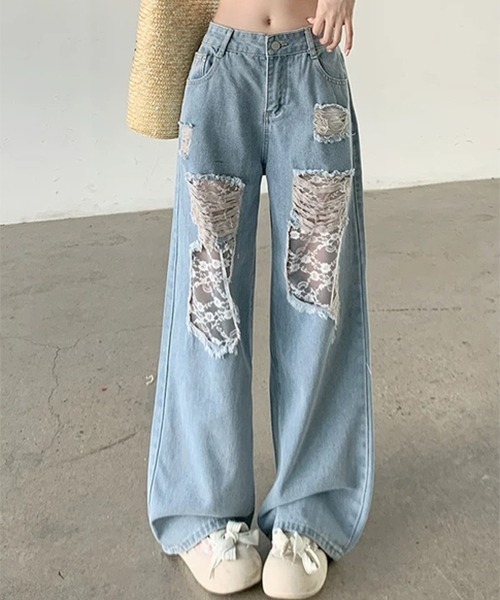 gossip!ロサンゼルス(ゴシップロサンゼルス)の「レースワイド ダメージデニムパンツ(デニムパンツ・レディース・ライトブルー・S/M/XL/L)」の1枚目の写真