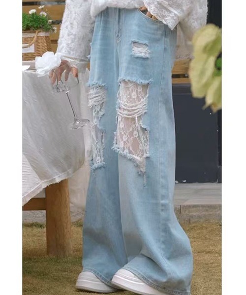 gossip!ロサンゼルス(ゴシップロサンゼルス)の「レースワイド ダメージデニムパンツ(デニムパンツ・レディース・ライトブルー・S/M/XL/L)」の2枚目の写真