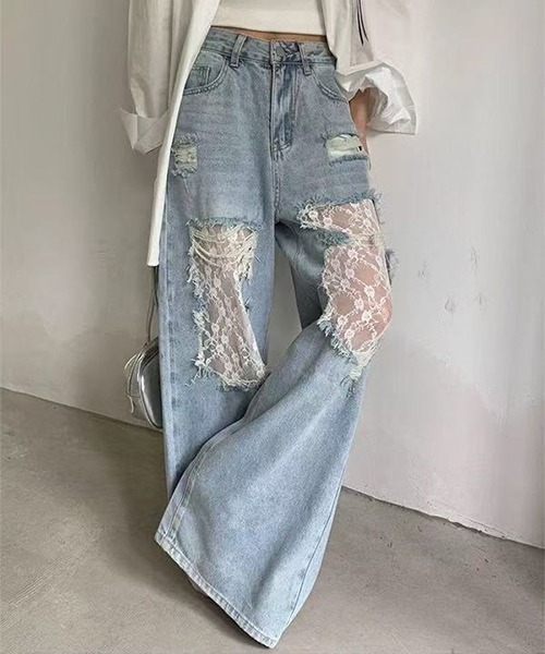 gossip!ロサンゼルス(ゴシップロサンゼルス)の「レースワイド ダメージデニムパンツ(デニムパンツ・レディース・ライトブルー・S/M/XL/L)」の3枚目の写真