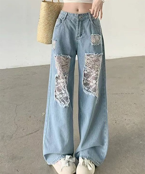 gossip!ロサンゼルス(ゴシップロサンゼルス)の「レースワイド ダメージデニムパンツ(デニムパンツ・レディース・ライトブルー・S/M/XL/L)」の4枚目の写真