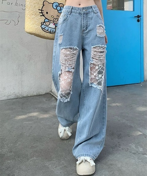 gossip!ロサンゼルス(ゴシップロサンゼルス)の「レースワイド ダメージデニムパンツ(デニムパンツ・レディース・ライトブルー・S/M/XL/L)」の6枚目の写真