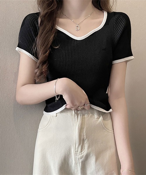 NinaetLina（ニナエリナ）の「バイカラーリブサマーニット（Tシャツ/カットソー・レディース・ブラック/パープル/ホワイト/ピンク/グリーン・FREE）」の3枚目の写真