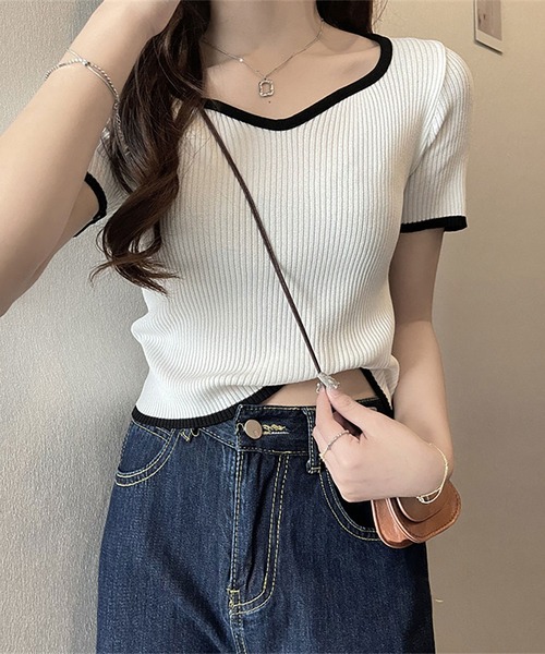 NinaetLina（ニナエリナ）の「バイカラーリブサマーニット（Tシャツ/カットソー・レディース・ブラック/パープル/ホワイト/ピンク/グリーン・FREE）」の7枚目の写真