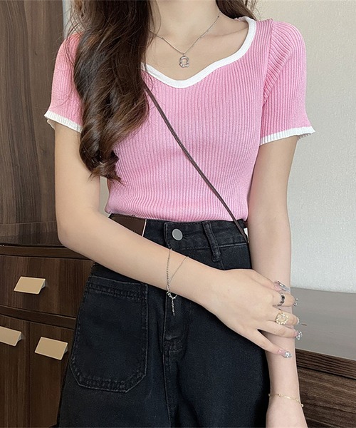 NinaetLina（ニナエリナ）の「バイカラーリブサマーニット（Tシャツ/カットソー・レディース・ブラック/パープル/ホワイト/ピンク/グリーン・FREE）」の16枚目の写真