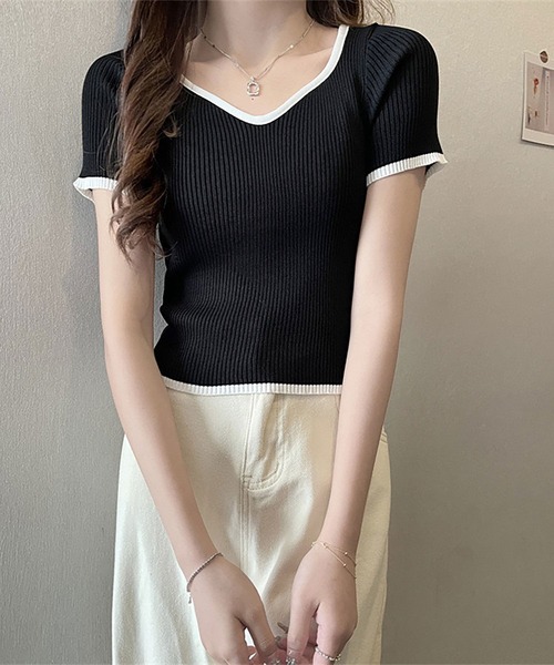 NinaetLina（ニナエリナ）の「バイカラーリブサマーニット（Tシャツ/カットソー・レディース・ブラック/パープル/ホワイト/ピンク/グリーン・FREE）」の9枚目の写真