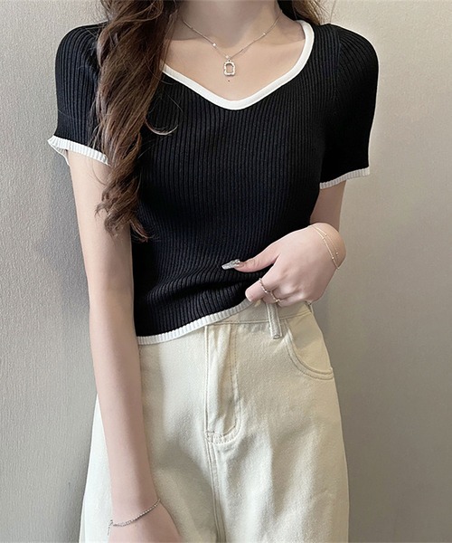 NinaetLina（ニナエリナ）の「バイカラーリブサマーニット（Tシャツ/カットソー・レディース・ブラック/パープル/ホワイト/ピンク/グリーン・FREE）」の10枚目の写真