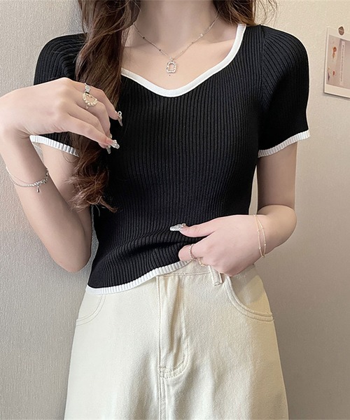 NinaetLina（ニナエリナ）の「バイカラーリブサマーニット（Tシャツ/カットソー・レディース・ブラック/パープル/ホワイト/ピンク/グリーン・FREE）」の11枚目の写真
