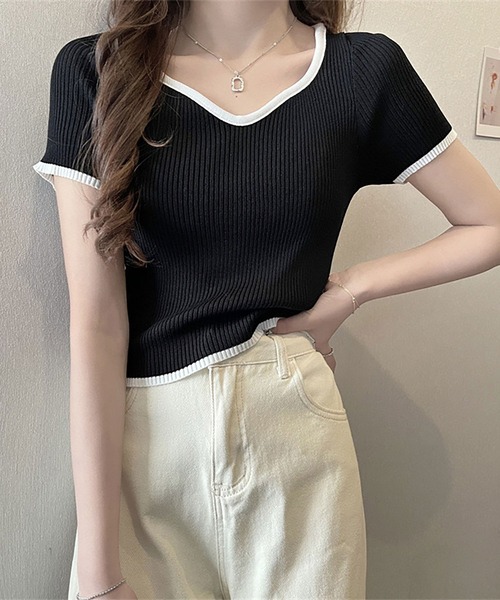 NinaetLina（ニナエリナ）の「バイカラーリブサマーニット（Tシャツ/カットソー・レディース・ブラック/パープル/ホワイト/ピンク/グリーン・FREE）」の12枚目の写真