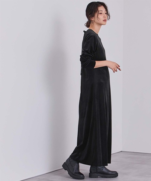 ur's バックリボンフィットアンドフレアベロアワンピース ユアーズ セール】バックリボンフィットアンドフレアベロアワンピース