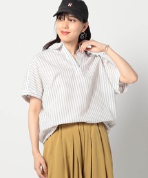 Grand PARK | 爽やか吸水速乾リネン　 襟付きキーネックシャツ/ストライプ(シャツ/ブラウス)