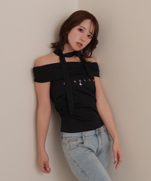 M DOLLY（エムドリー）の「*M DOLLY original* bardot logo tops/バルドーロゴトップス（Tシャツ/カットソー・レディース・ブラック/ホワイト・FREE）」の15枚目の写真