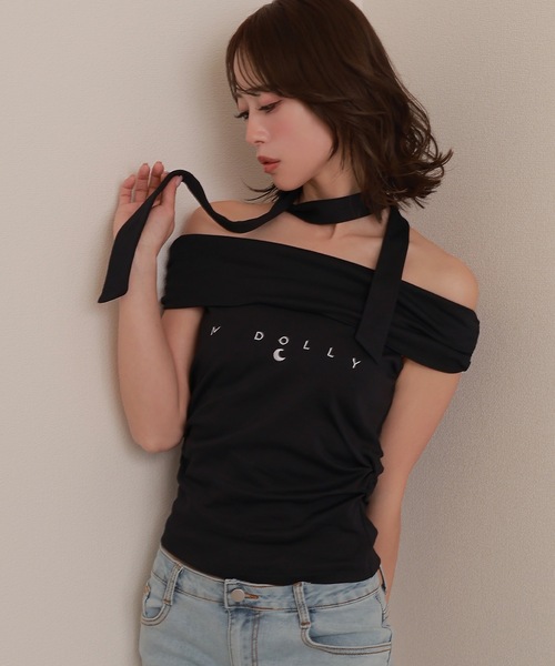 M DOLLY（エムドリー）の「*M DOLLY original* bardot logo tops/バルドーロゴトップス（Tシャツ/カットソー・レディース・ブラック/ホワイト・FREE）」の16枚目の写真