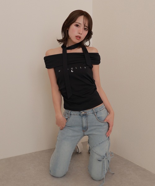 M DOLLY（エムドリー）の「*M DOLLY original* bardot logo tops/バルドーロゴトップス（Tシャツ/カットソー・レディース・ブラック/ホワイト・FREE）」の3枚目の写真
