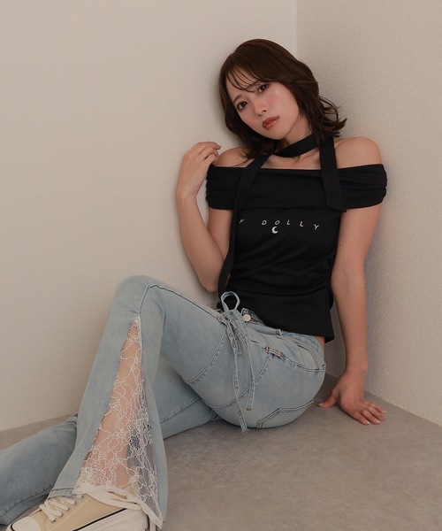 M DOLLY（エムドリー）の「*M DOLLY original* bardot logo tops/バルドーロゴトップス（Tシャツ/カットソー・レディース・ブラック/ホワイト・FREE）」の4枚目の写真