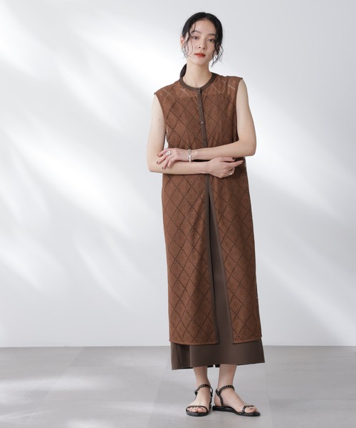 新品タグ付き♡ナノユニバース/ロングレースワンピース38ベージュ セール】レースロングジレ×キャミワンピースセット（ワンピース