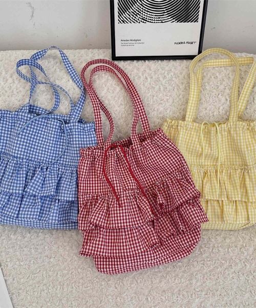 VIBGYOR(ヴィブジョー)の「Mignonjour/フリルチェック柄トートバッグ M2790(トートバッグ・レディース・レッド/グリーン/ブラック/イエロー・FREE)」の10枚目の写真