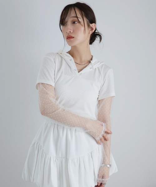 Ulysses(ユリシス)の「ドットシアー付きフードトップス(Tシャツ/カットソー・レディース・グレー/ブラック/ホワイト・F)」の1枚目の写真