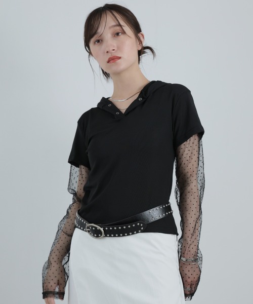 Ulysses(ユリシス)の「ドットシアー付きフードトップス(Tシャツ/カットソー・レディース・グレー/ブラック/ホワイト・F)」の2枚目の写真