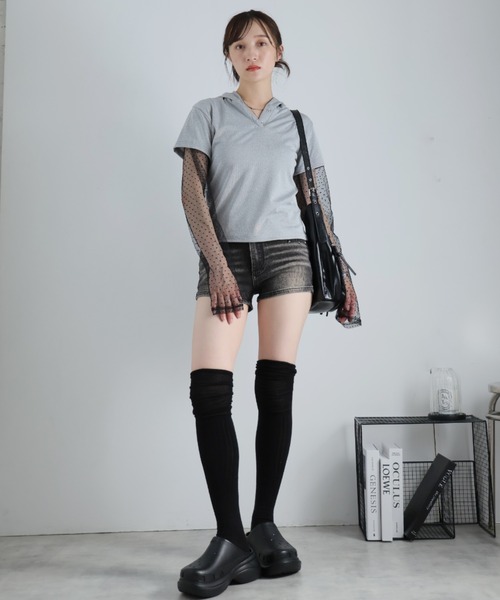 Ulysses(ユリシス)の「ドットシアー付きフードトップス(Tシャツ/カットソー・レディース・グレー/ブラック/ホワイト・F)」の5枚目の写真