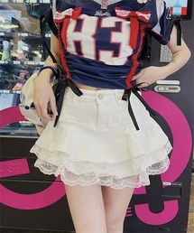 レースフリルティアードミニ丈デニムスカート