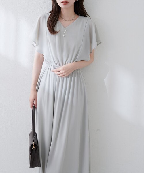 極美品☆エストネーション 洗える ボリューム袖 Vネックフレアワンピース 極美品☆エストネーション 洗える ボリューム袖 Vネックフレア