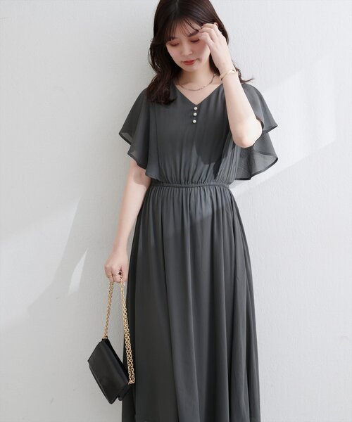 極美品☆エストネーション 洗える ボリューム袖 Vネックフレアワンピース 極美品☆エストネーション 洗える ボリューム袖 Vネックフレア