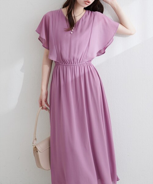 natural couture(ナチュラルクチュール)の「フレア袖Vネックワンピース(ワンピース・レディース・その他1/サックスブルー/ミント/ピンク系その他/チャコールグレー・FREE)」の1枚目の写真