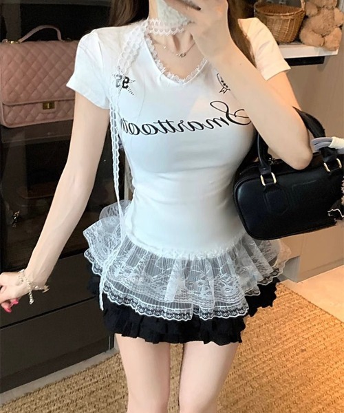 Nia(ニア)の「Nia(ニア)/【レースタイ付き】裾フリル レースゲームシャツ風トップス(Tシャツ/カットソー・レディース・ブルー/ホワイト・SMALL/MEDIUM)」の2枚目の写真