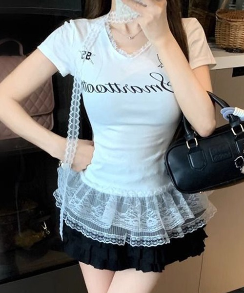 Nia(ニア)の「Nia(ニア)/【レースタイ付き】裾フリル レースゲームシャツ風トップス(Tシャツ/カットソー・レディース・ブルー/ホワイト・SMALL/MEDIUM)」の4枚目の写真