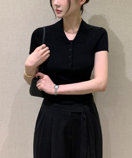 semplice（センプリチェ）の「ポロカット ショートスリーブ リブニット トップス（ニット/セーター・レディース・ブラック/ベージュ/ホワイト・F）」の17枚目の写真