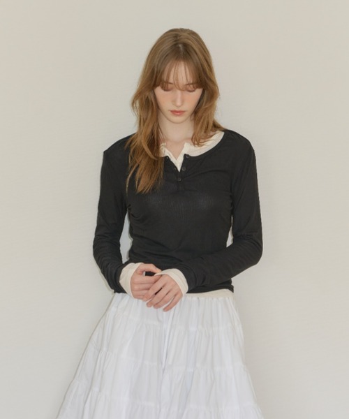 GIUNON(ジウノン)の「rib sheer button tops / リブシアーボタントップス(Tシャツ/カットソー・レディース・アイボリー/ブルー/オリーブ/ブラック・FREE)」の11枚目の写真