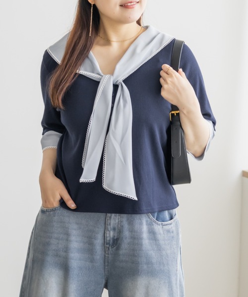 CLETTE（クレット）の「CLETTEオリジナルレイヤード風スカーフドッキングプルオーバー（Tシャツ/カットソー・レディース・ブラック/ネイビー/ピンク・4L/3L/LL）」の2枚目の写真