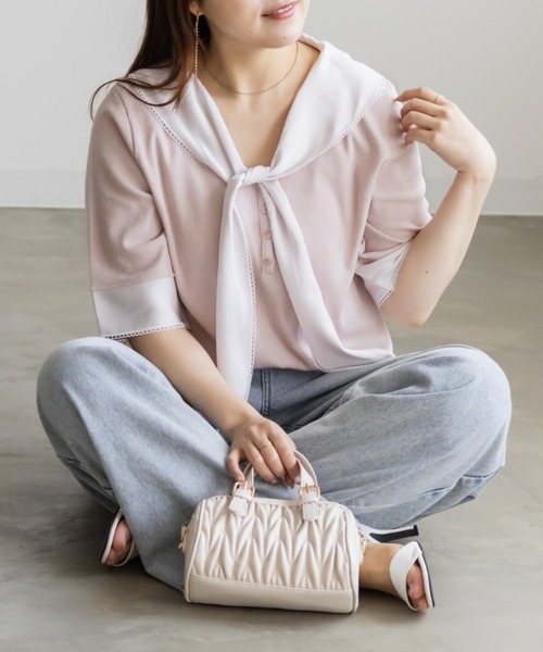 CLETTE（クレット）の「CLETTEオリジナルレイヤード風スカーフドッキングプルオーバー（Tシャツ/カットソー・レディース・ブラック/ネイビー/ピンク・4L/3L/LL）」の3枚目の写真