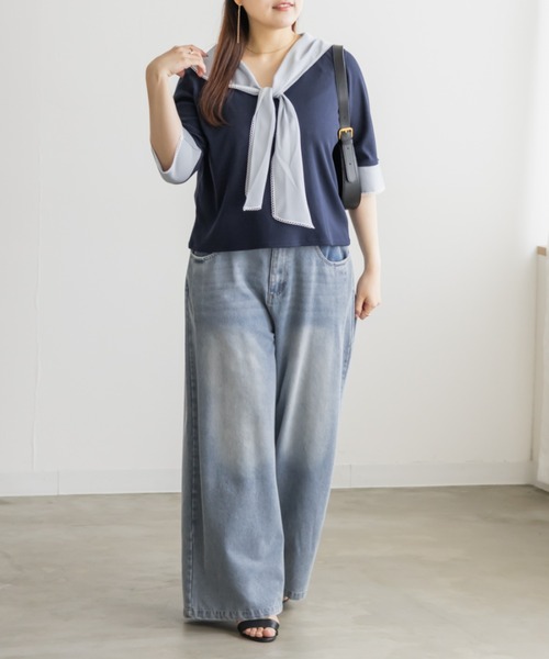 CLETTE（クレット）の「CLETTEオリジナルレイヤード風スカーフドッキングプルオーバー（Tシャツ/カットソー・レディース・ブラック/ネイビー/ピンク・4L/3L/LL）」の12枚目の写真
