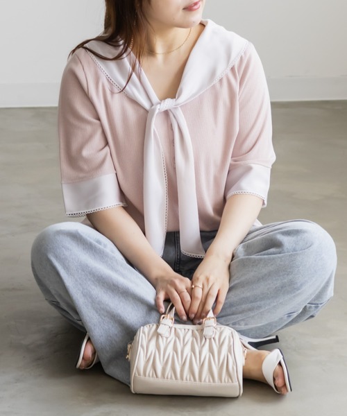 CLETTE（クレット）の「CLETTEオリジナルレイヤード風スカーフドッキングプルオーバー（Tシャツ/カットソー・レディース・ブラック/ネイビー/ピンク・4L/3L/LL）」の14枚目の写真