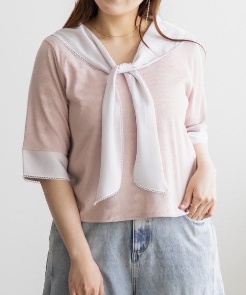 CLETTE（クレット）の「CLETTEオリジナルレイヤード風スカーフドッキングプルオーバー（Tシャツ/カットソー・レディース・ブラック/ネイビー/ピンク・4L/3L/LL）」の15枚目の写真