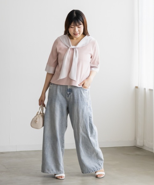 CLETTE（クレット）の「CLETTEオリジナルレイヤード風スカーフドッキングプルオーバー（Tシャツ/カットソー・レディース・ブラック/ネイビー/ピンク・4L/3L/LL）」の16枚目の写真